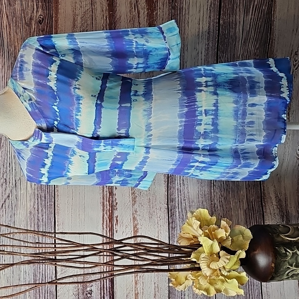 NEW CHICO'S JILLIAN BLUE SHEER TIE-DYE 3/4 CUFFED SLEEVE COVER-UP